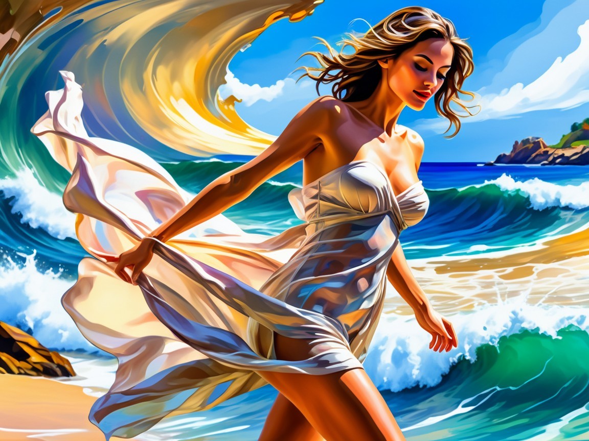Woman in White Dress on Beach with Blue Waves
