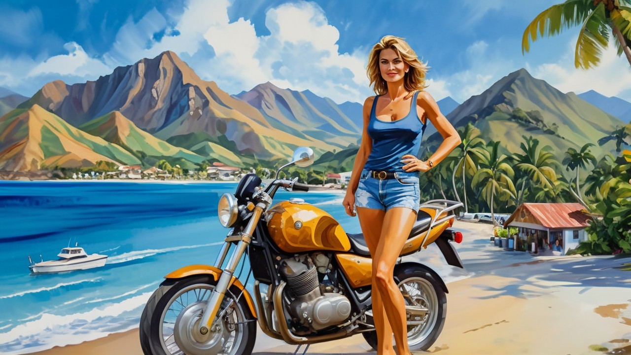 A young woman by an orange motorcycle on the beach
