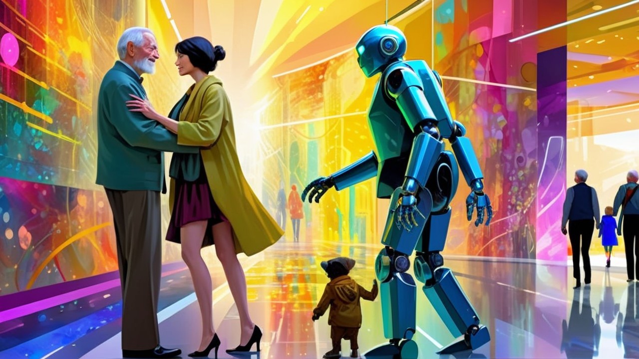 Elderly Couple Embracing in Futuristic Colorful Setting