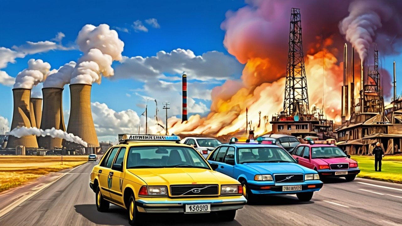 Busy highway scene with colorful taxis and smokestacks