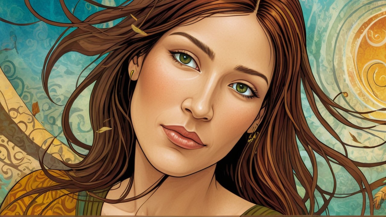 Stylized portrait of a woman with flowing brown hair