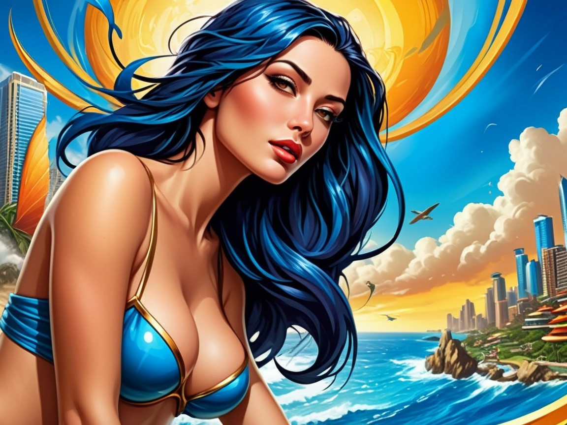Vibrant Illustration of Woman at Sunny Beach Scene