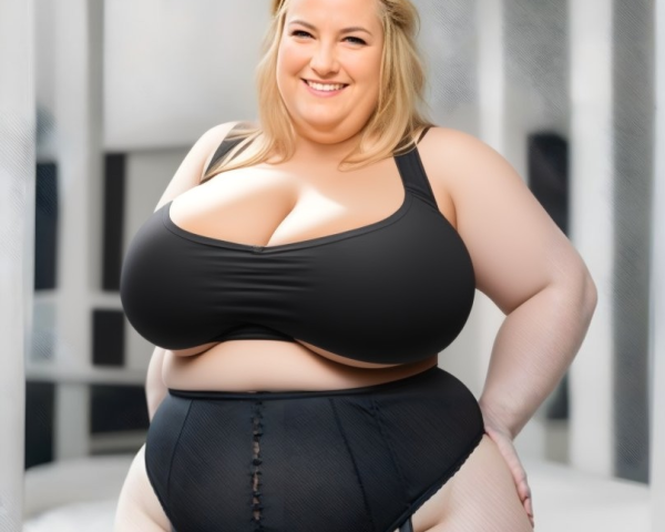 Plus-Size Woman in Black Lingerie in Modern Bedroom