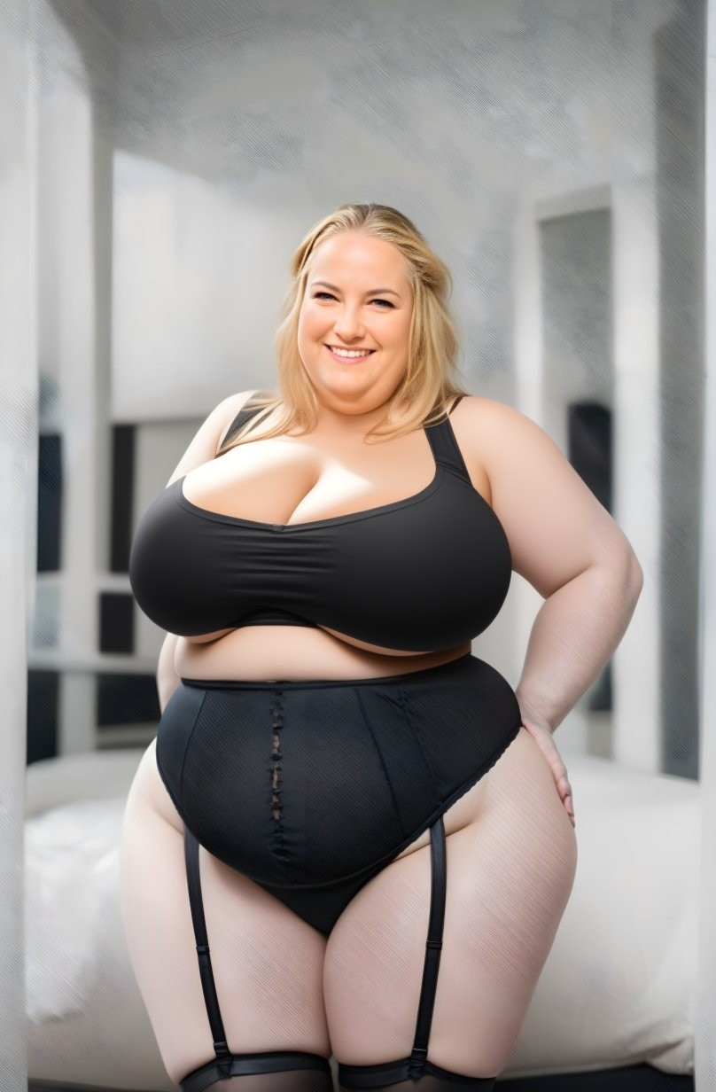 Plus-Size Woman in Black Lingerie in Modern Bedroom
