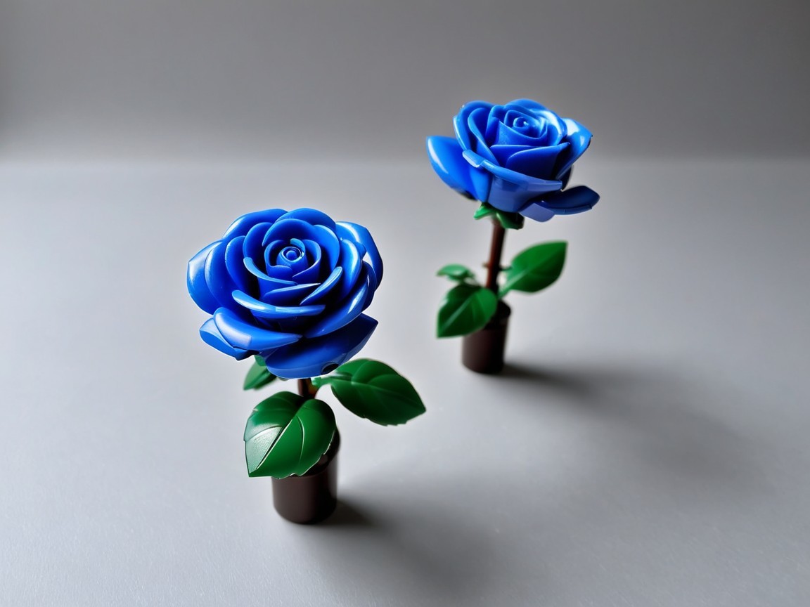 Vibrant Blue Plastic Roses on Brown Stems with Leaves