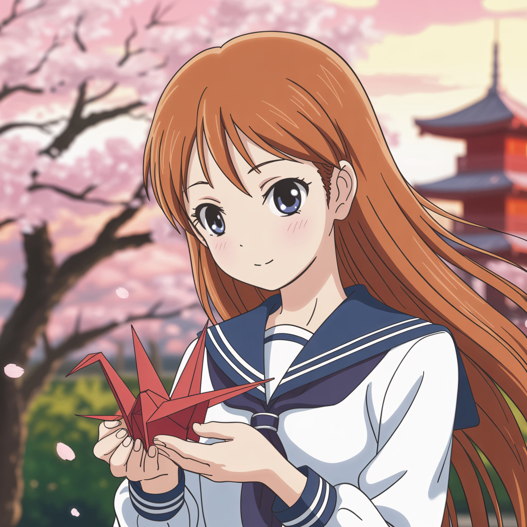 Young girl with origami crane by cherry blossoms