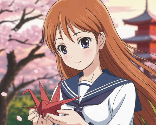Young girl with origami crane by cherry blossoms