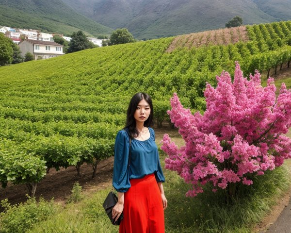Young woman in vineyard with colorful attire and flowers