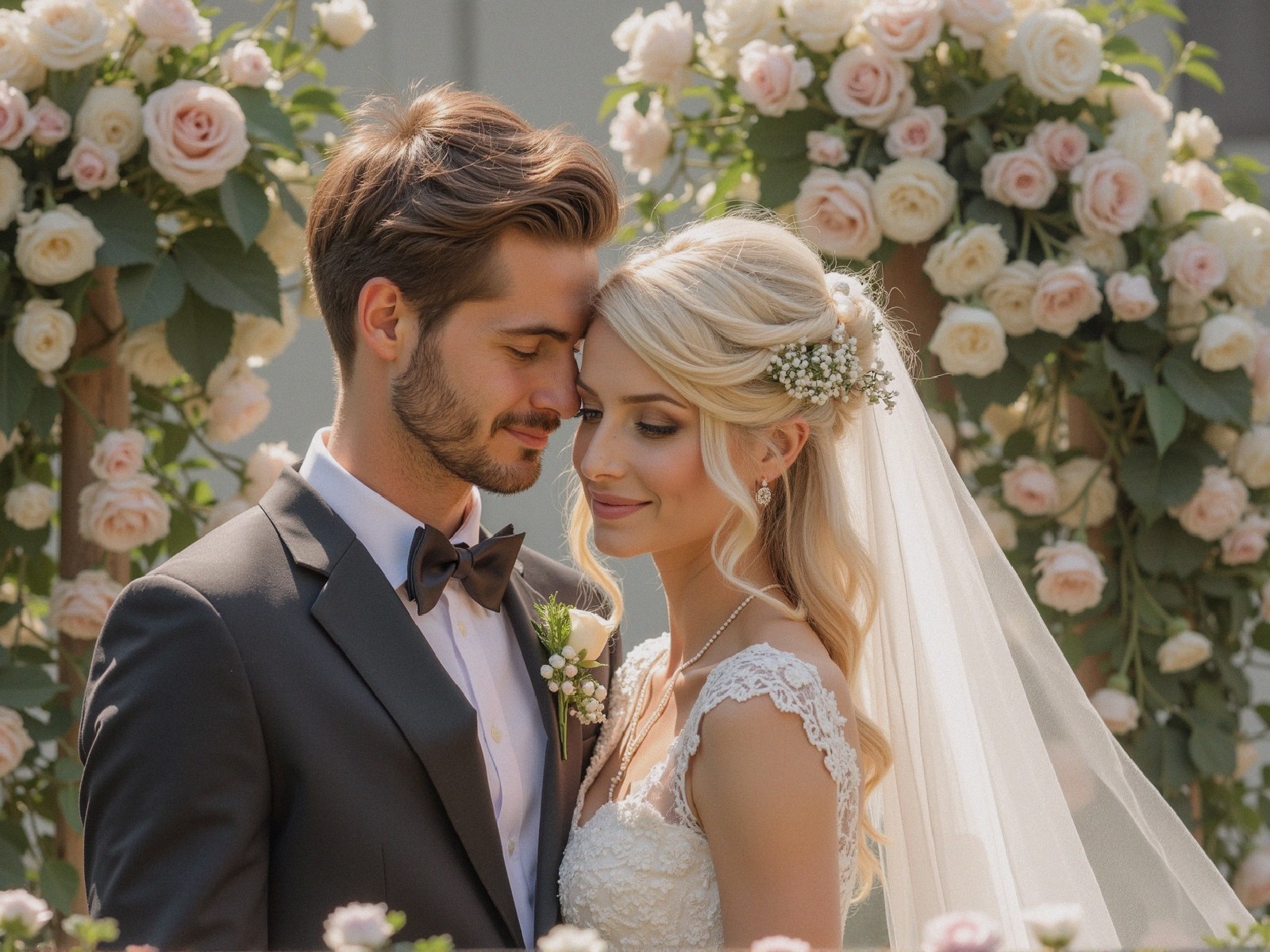 Young couple in romantic outdoor setting with flowers