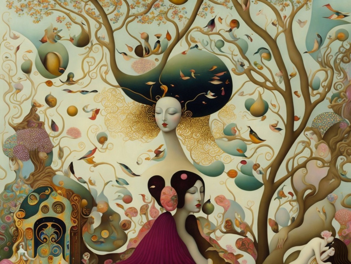 Surreal Scene with Ethereal Figures and Nature Elements