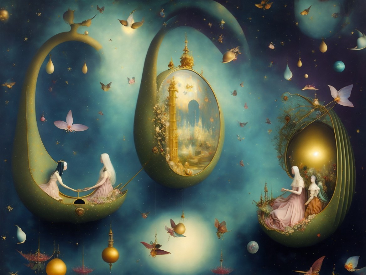 Ethereal Figures in Whimsical Pod-Like Structures
