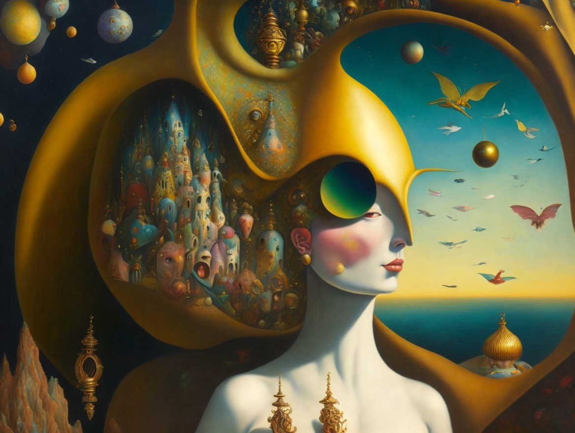 Surreal Female Figure with Golden Headdress and Landscape