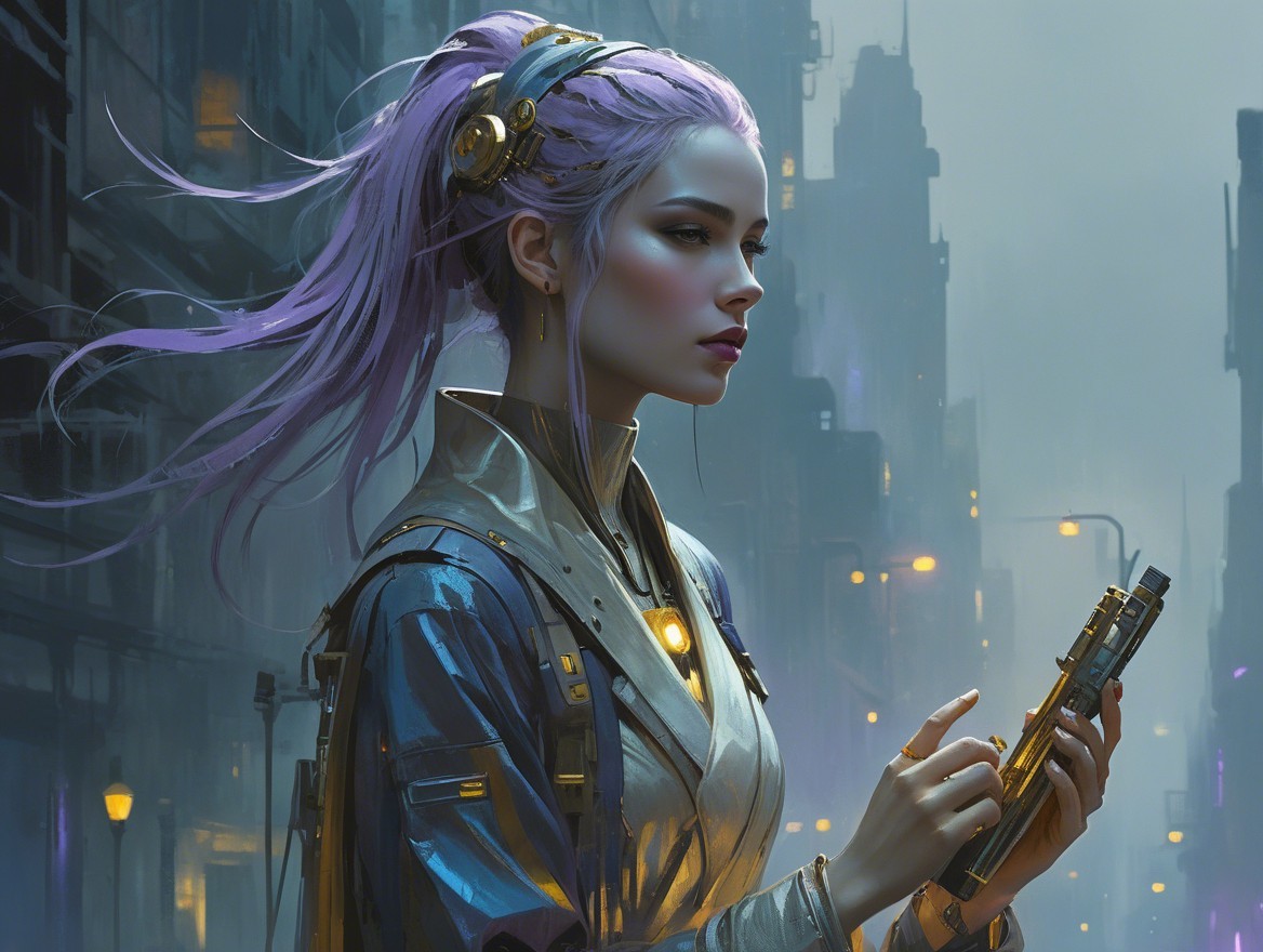 Futuristic cityscape with a woman in iridescent attire