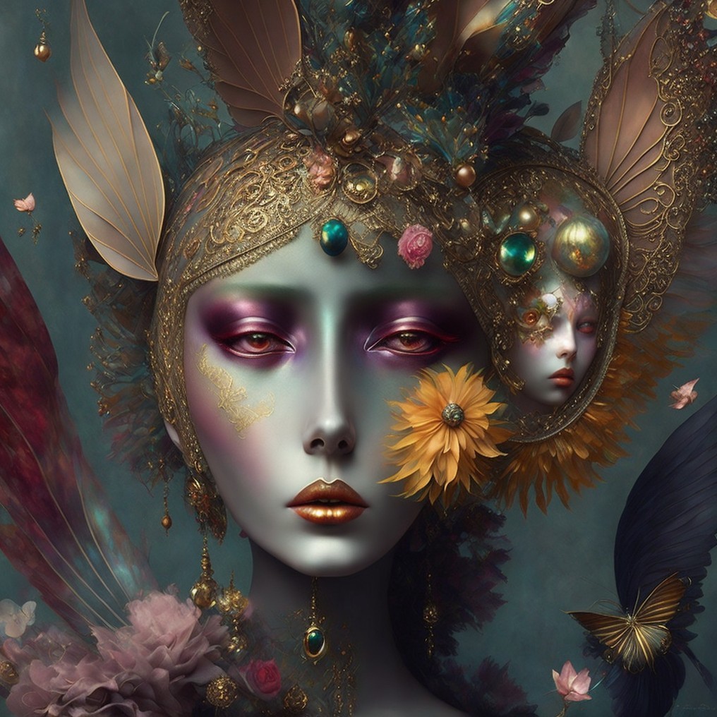 Surreal Figure with Floral Headpiece and Pastel Makeup