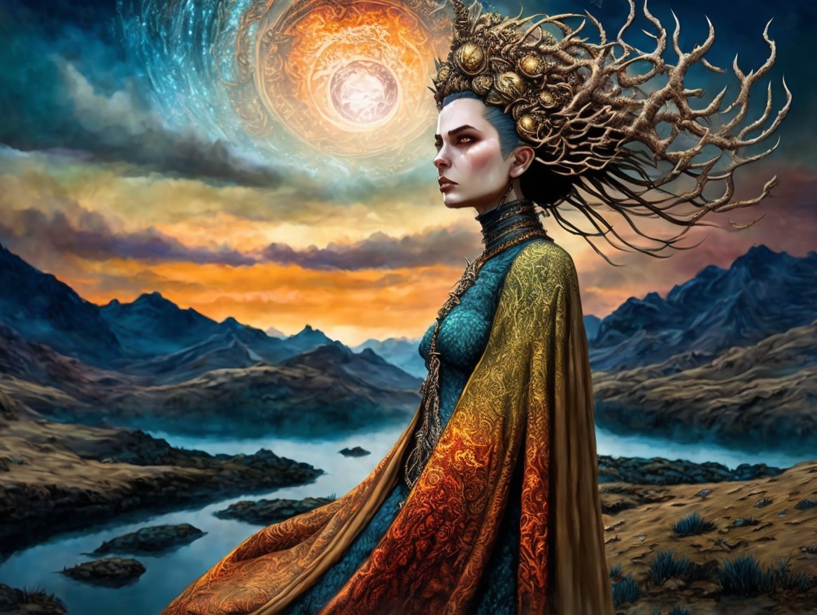 Mystical Figure in Dramatic Mountain Landscape