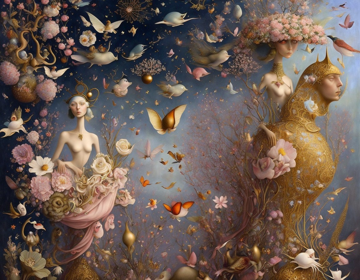 Ethereal Figures in a Dreamlike Floral Landscape
