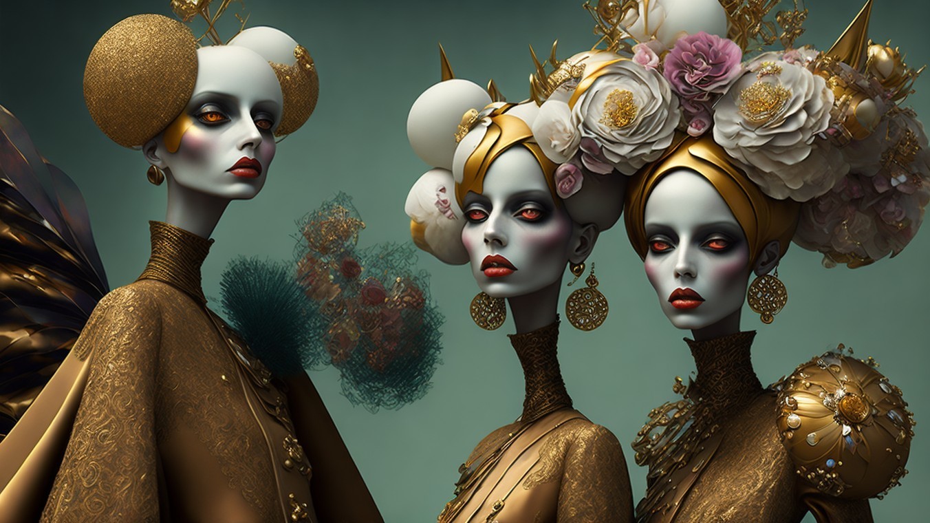 Elegantly Adorned Figures in Ornate Gowns and Headpieces