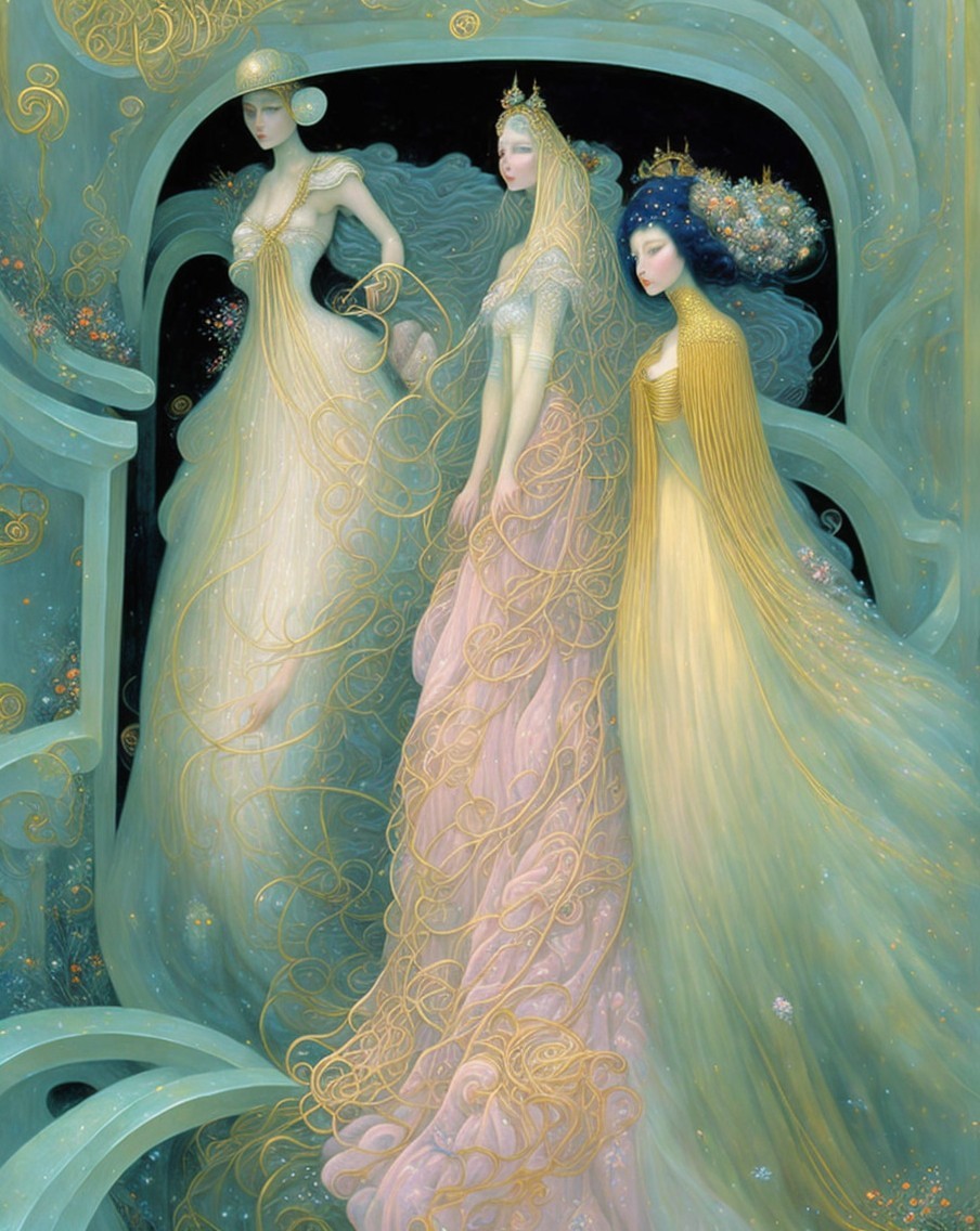Ethereal Figures in Flowing Gowns Against Mysterious Backdrop