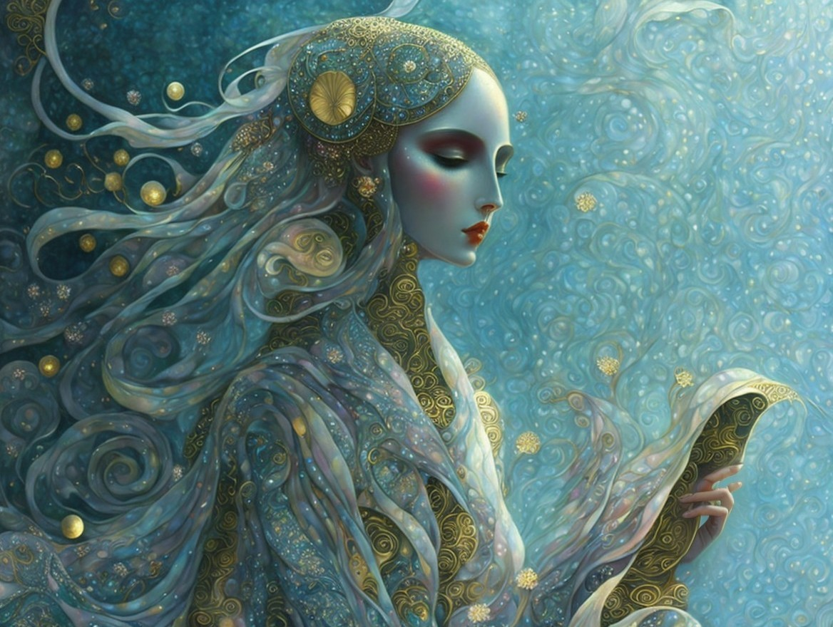 Serene Woman with Flowing Hair and Book in Blue Background