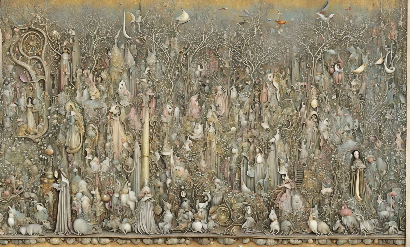 Intricate Fantasy Relief Painting with Mythical Beings