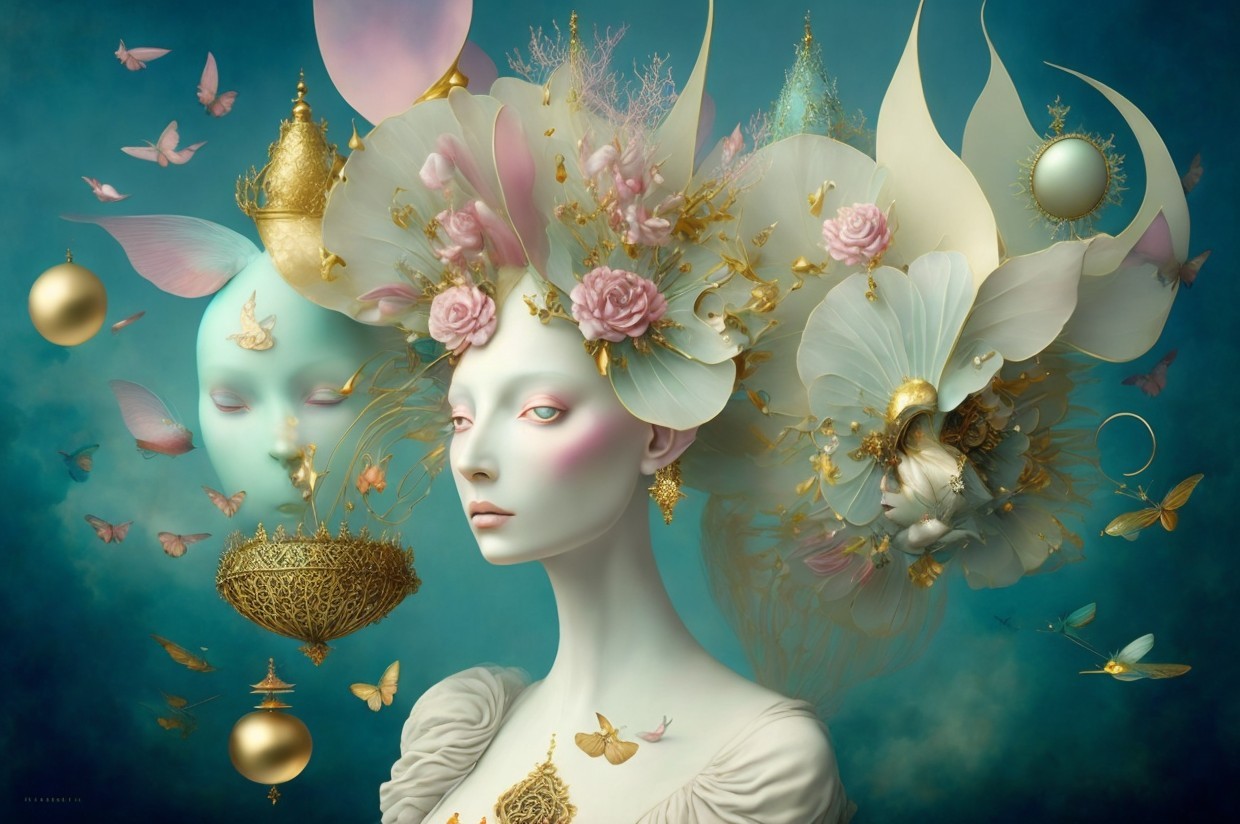 Surreal Composition with Ethereal Figure and Flowers