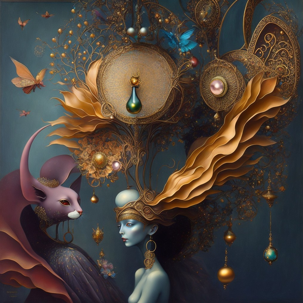Surreal Artwork of a Graceful Figure and Mystical Cat