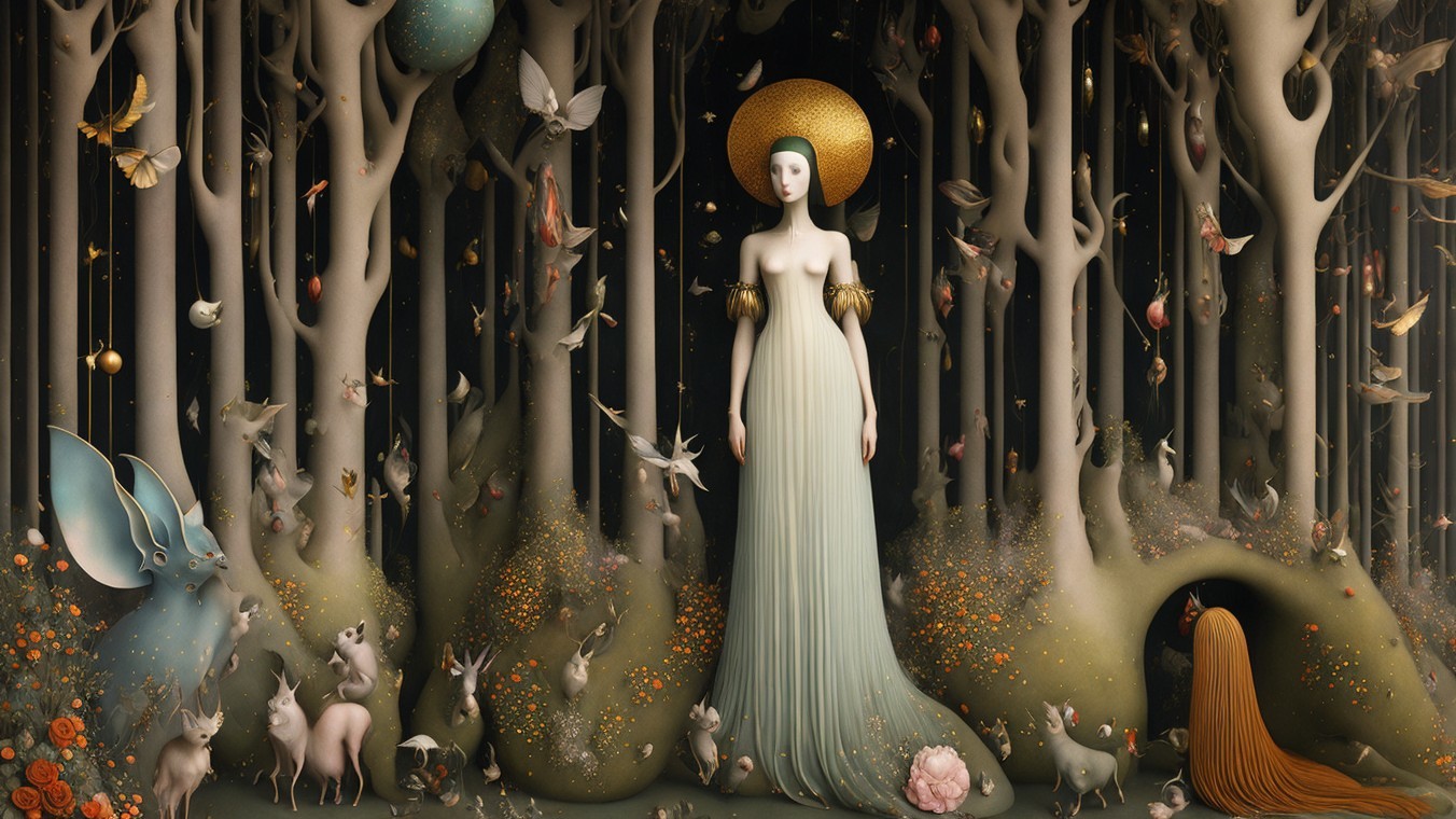 Mystical Forest Scene with Serene Figure and Creatures