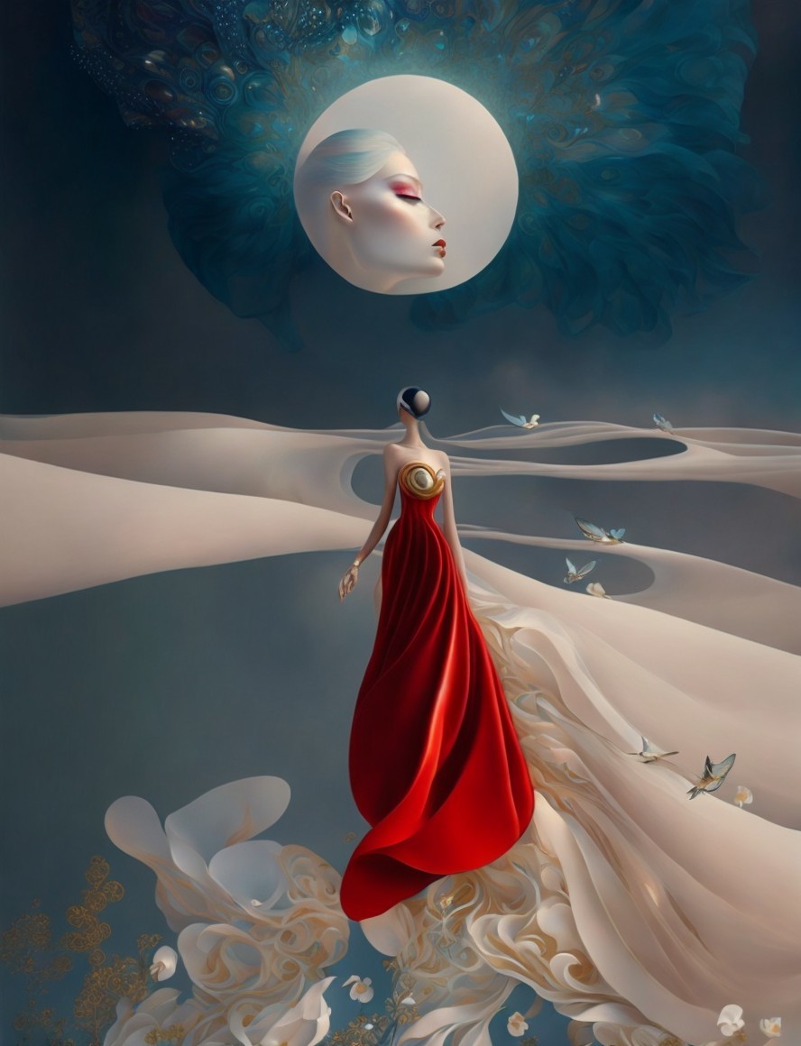 Surreal Scene with Figure in Red Dress and Moon Face