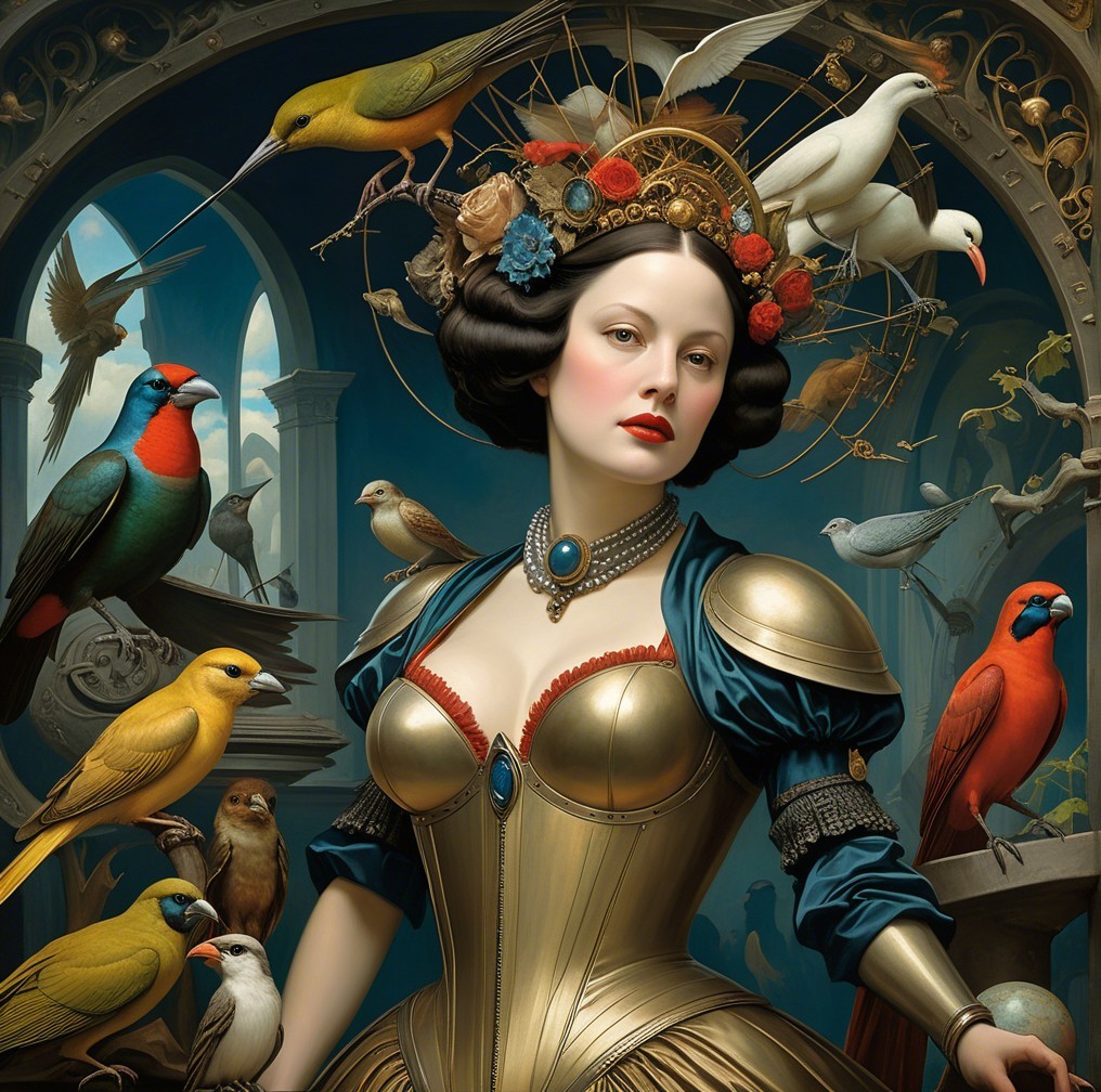Regal Woman in Ornate Gown Surrounded by Birds