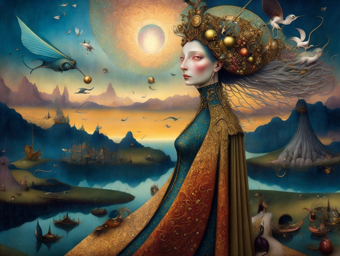 Regal Woman in Surreal Landscape with Ethereal Birds