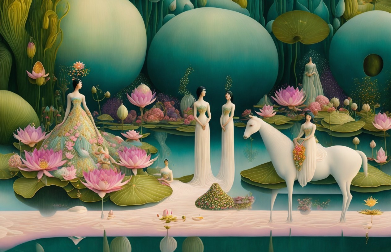 Fantasy Landscape with Ethereal Figures and White Horse