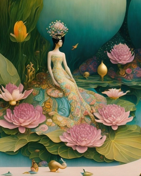 Serene Figure Surrounded by Pink Lotus Flowers