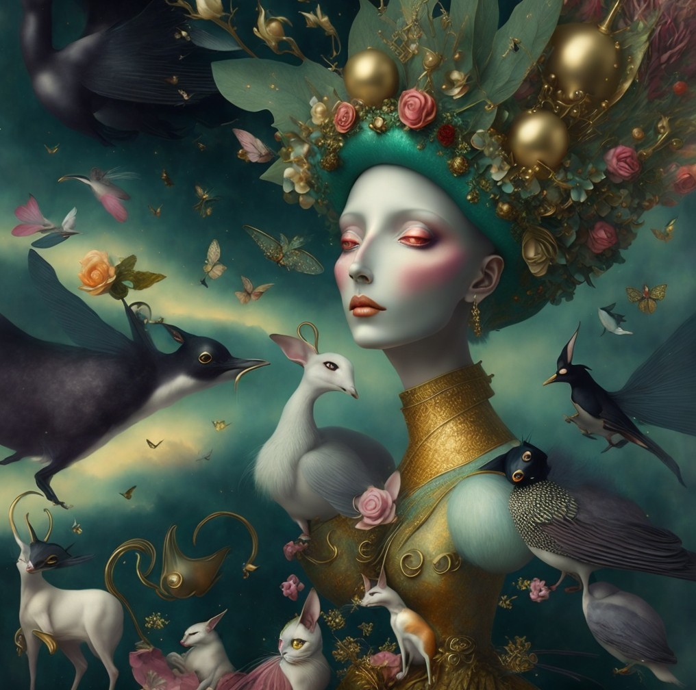 Surreal Scene of Regal Woman in Floral Headdress