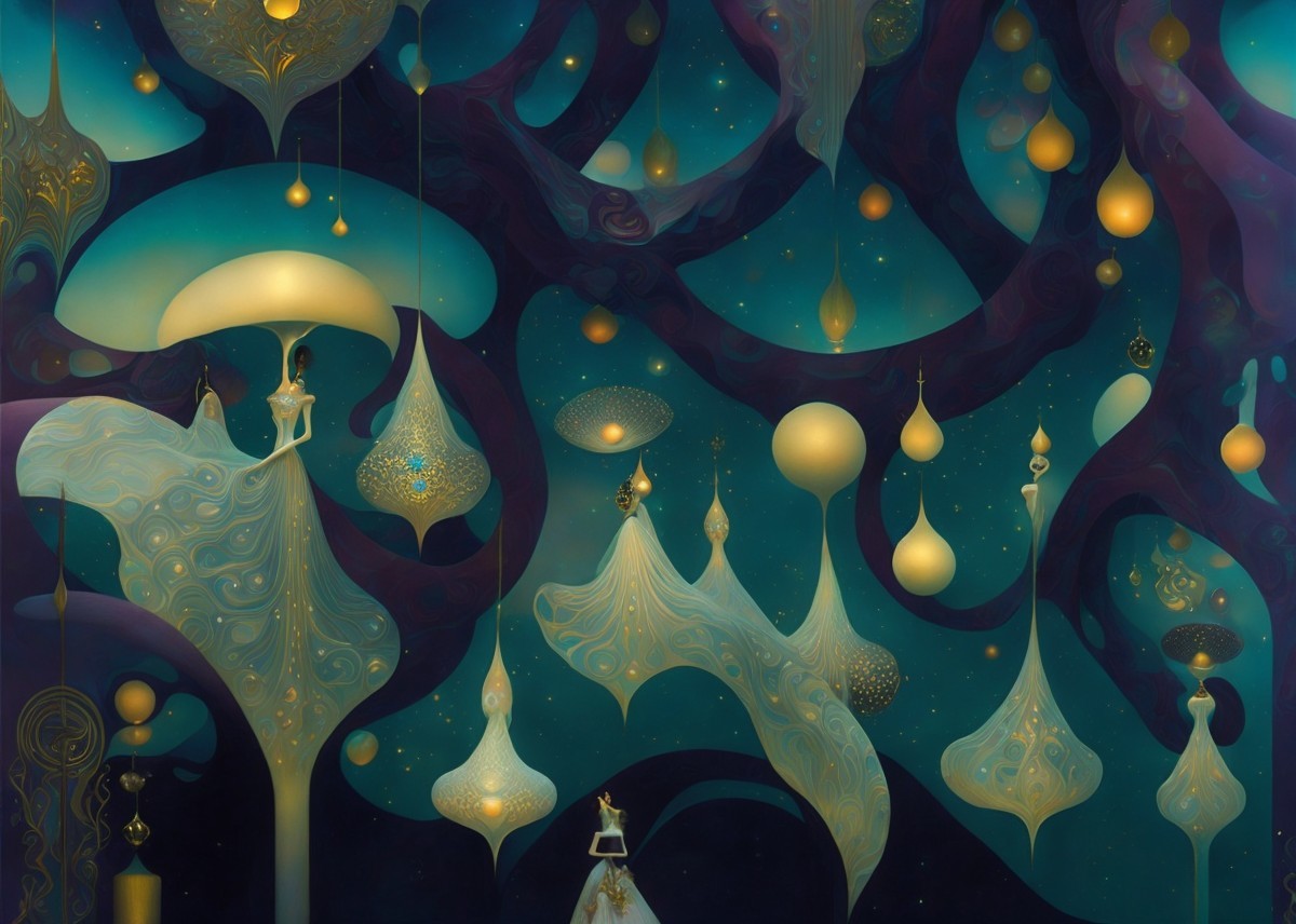Dreamlike scene with ethereal figures and luminescent orbs