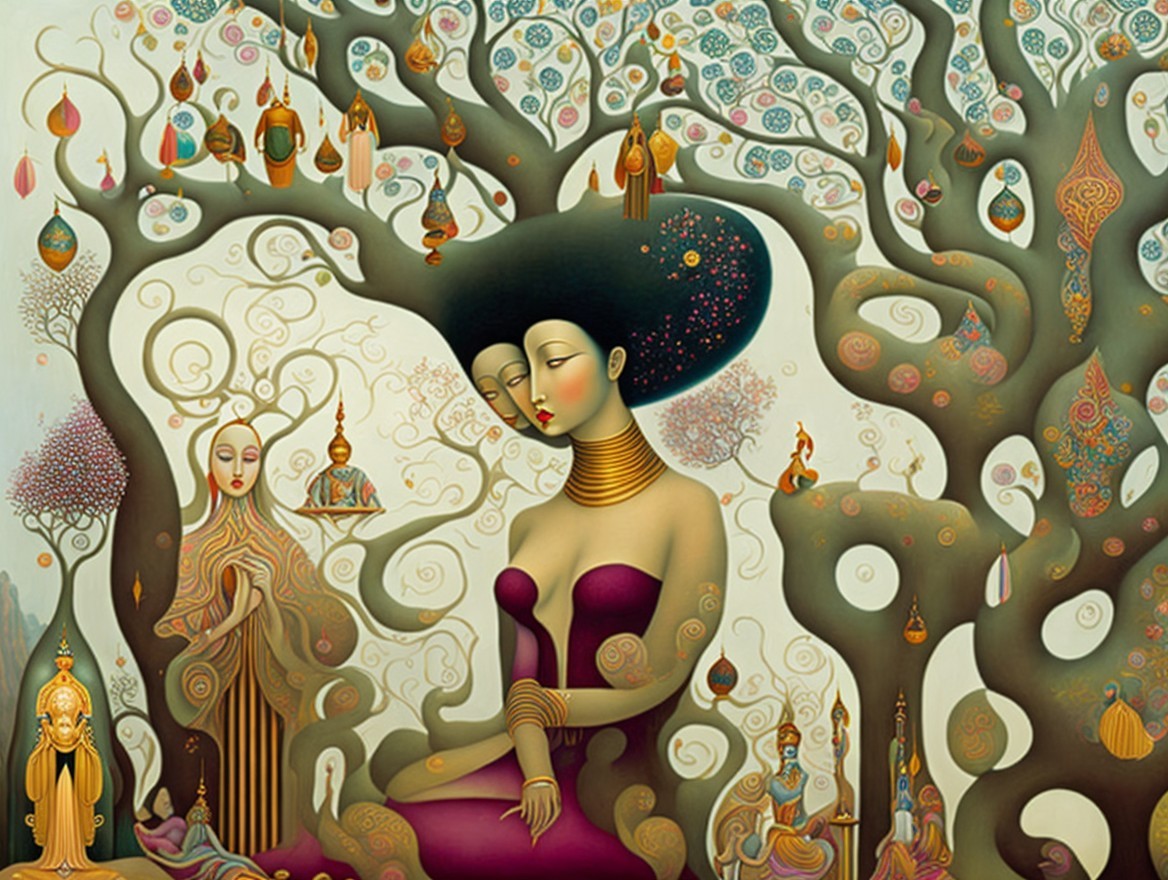 Serene Figures and Fantastical Trees in Artwork
