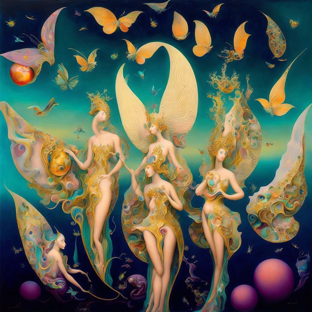 Ethereal Figures in Dreamlike Mythical Landscape