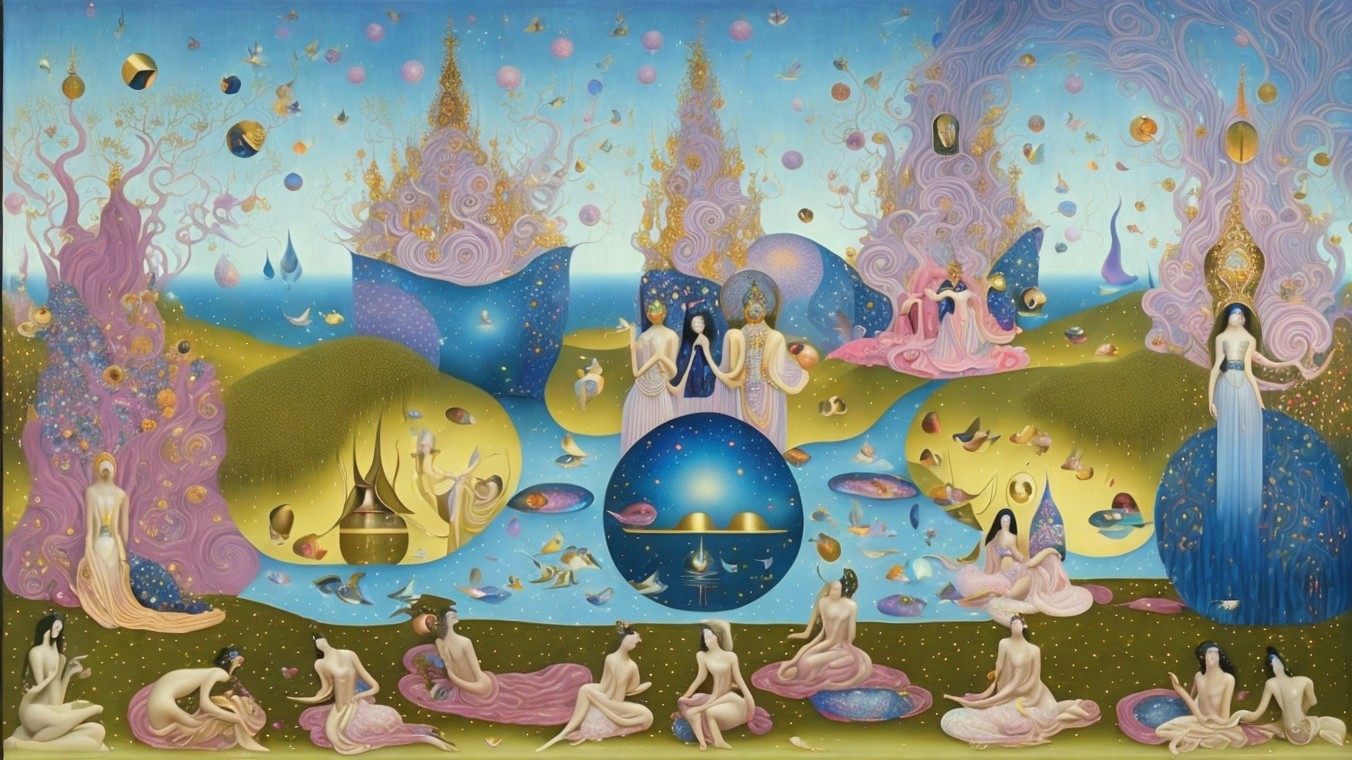 Dreamlike Landscape with Ethereal Figures and Colors