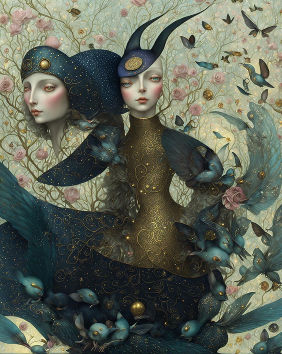 Surreal Female Figures in Whimsical Ornate Scene