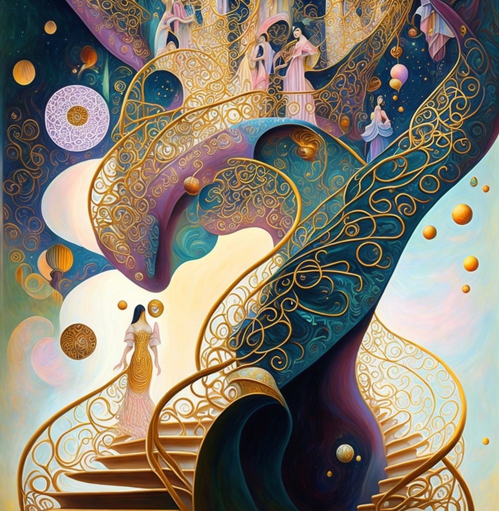 Cosmic Landscape with Golden Spirals and Ethereal Figures