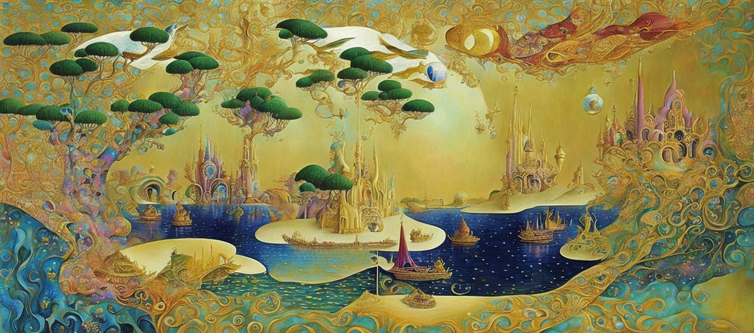 Surreal Landscape with Gold Hues and Fantastical Elements