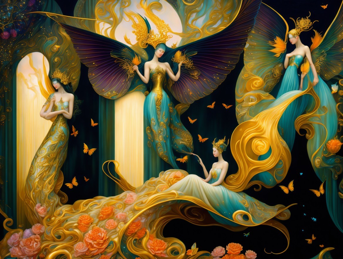 Ethereal Figures in Vibrant Gowns Amidst Nature