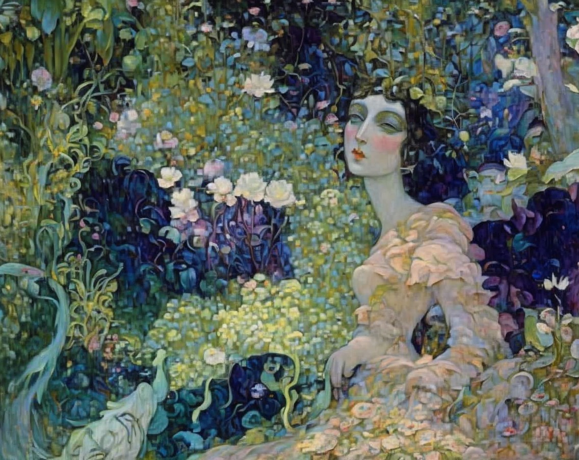 Serene Woman in Enchanted Greenery and Flowers