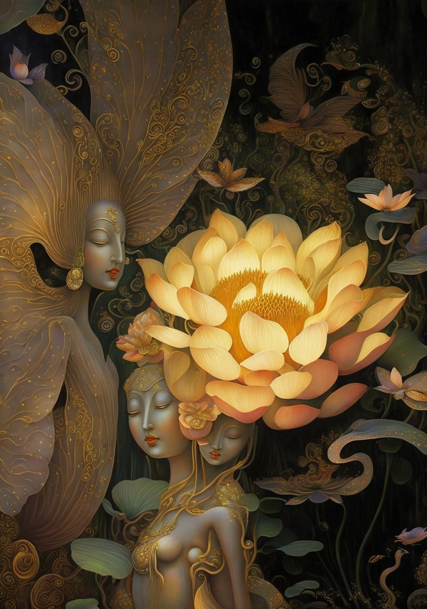 Ethereal Figures with Floral Motifs and Lotus Blossom