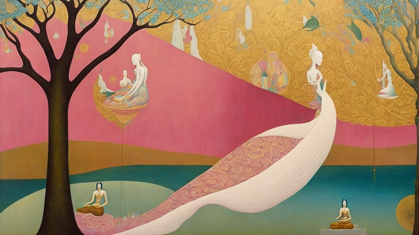 Ethereal Figures and Nature in Tranquil Artwork