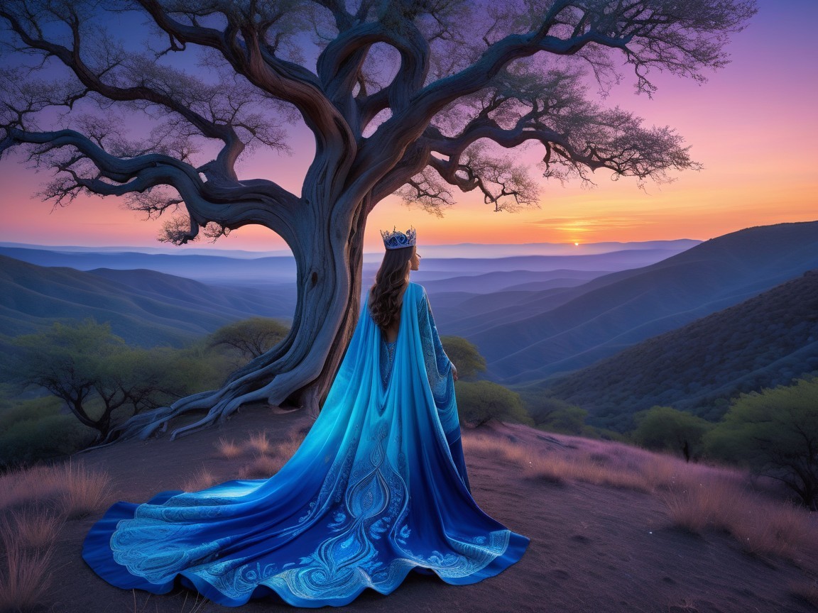 Majestic Figure in Blue Gown at Sunset Landscape
