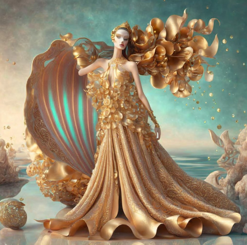 Elegant gown with floral patterns and golden hues