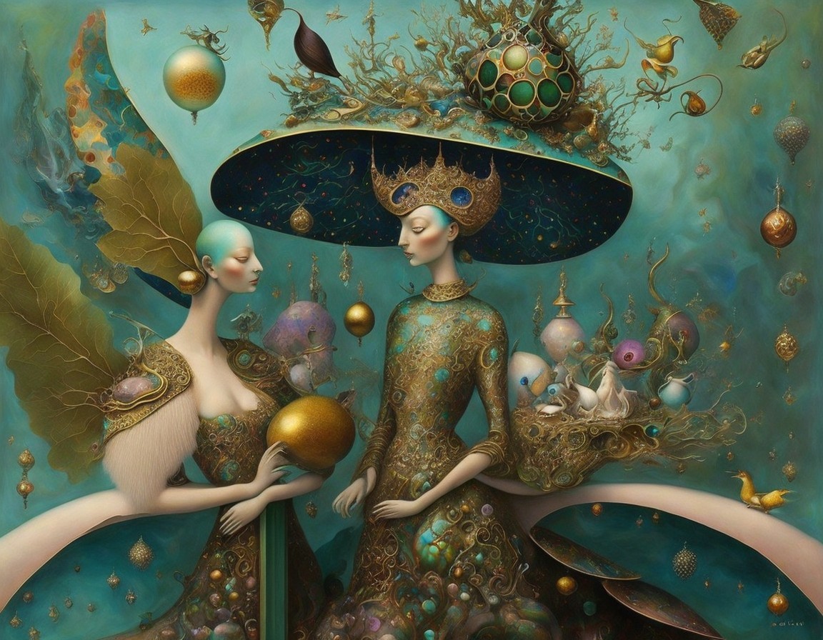Ethereal Figures in Nature-Inspired Attire and Motifs