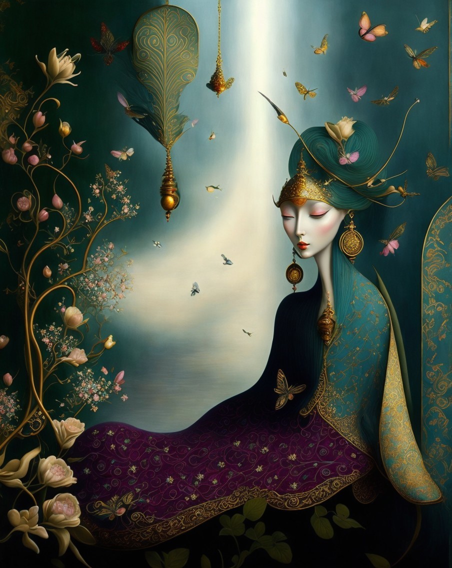 Elegant Figure in Lush Natural Setting with Butterflies