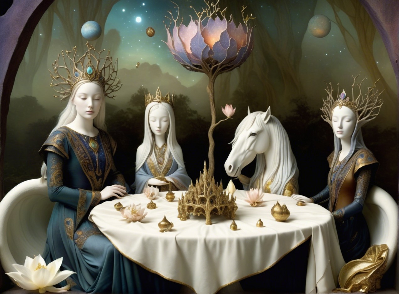 Ethereal Figures and Unicorn in Mystical Setting