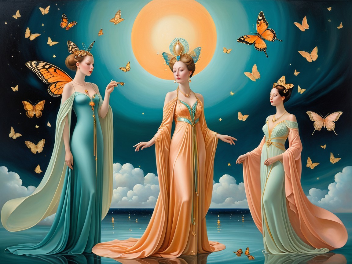 Ethereal Figures in Serene Landscape with Butterflies